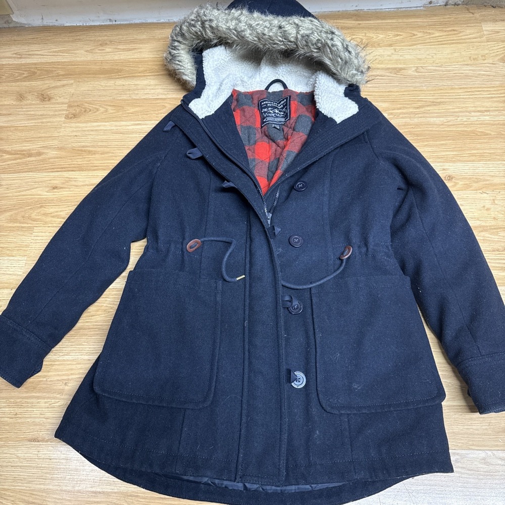American Eagle Outfitters Womens Med Wool BL Coat Hood Navy Buffalo‎ Plaid